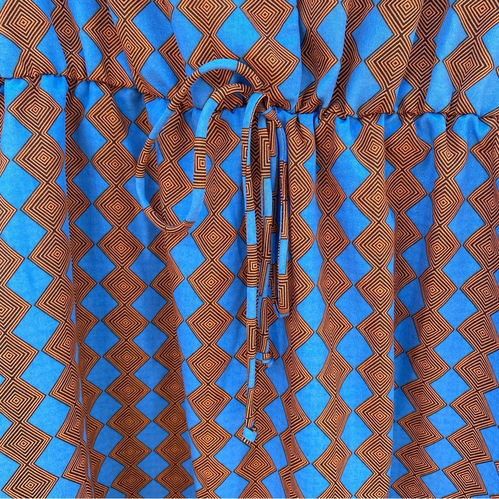 Blue and orange retro style midi dress rolled short sleeve button front size 14P - Picture 4 of 10